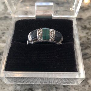 Beautiful Sterling Silver Marcasite Ring with Onyx and Jadeite Sz 9